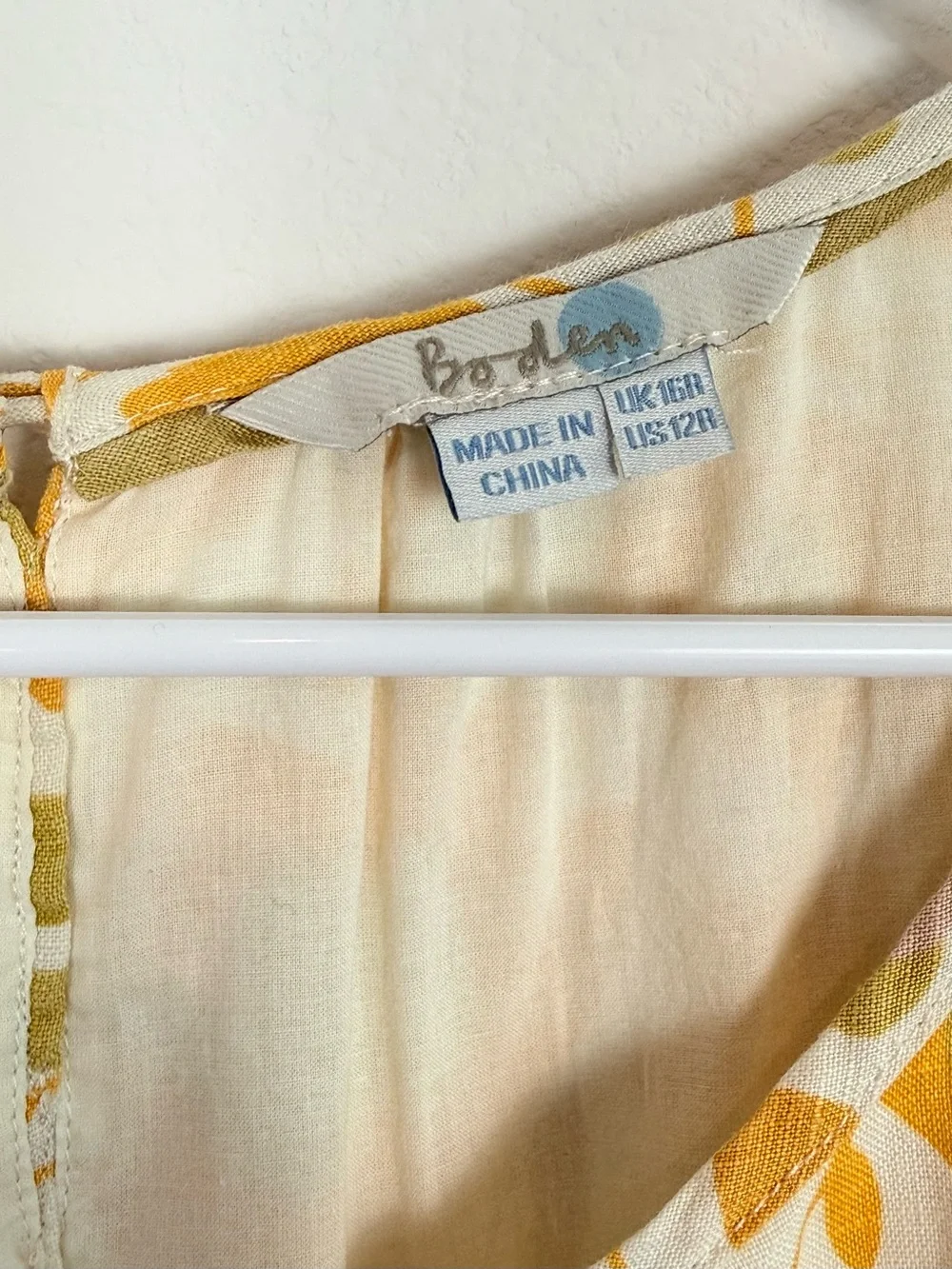 Boden Yellow Floral Print Linen Dress Lace Trim Hem Short Sleeve Fit & Flare 12R